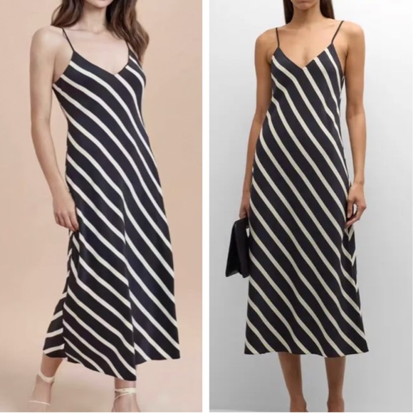 EUC La Ligne Diagonal Striped Slip Midi Dress - Black Ivory Stripes Silk XSmall